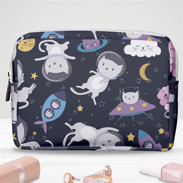 Space Cat Illustration Pattern Astronaut Make Up Pouch (Medium)