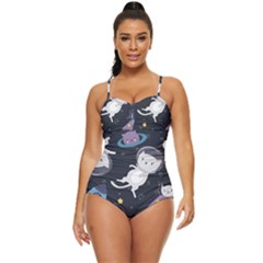 Space Cat Illustration Pattern Astronaut Retro Full Coverage Swimsuit by Wav3s