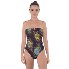 Pattern Feather Peacock Tie Back One Piece Swimsuit by Wav3s