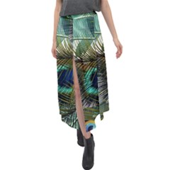 Peacock Feathers Blue Green Texture Velour Split Maxi Skirt by Wav3s