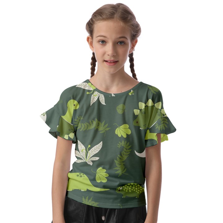 Cute Dinosaur Pattern Kids  Cut Out Flutter Sleeves