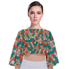 Multicolored Honeycomb Colorful Abstract Geometry Tie Back Butterfly Sleeve Chiffon Top by Vaneshop