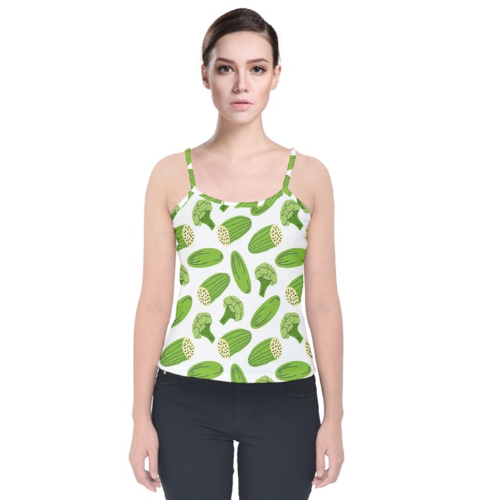 Vegetable Pattern With Composition Broccoli Velvet Spaghetti Strap Top