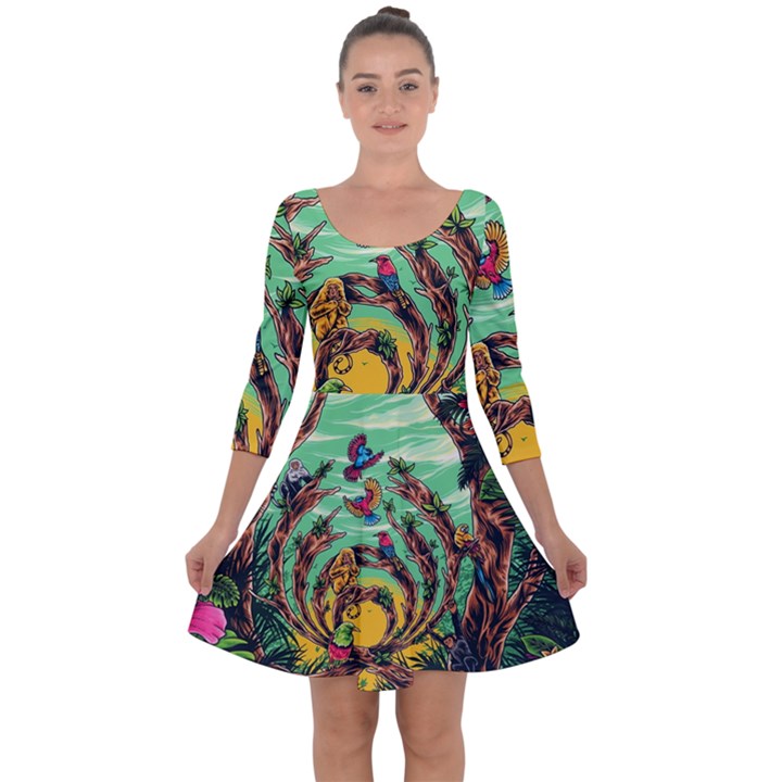 Monkey Tiger Bird Parrot Forest Jungle Style Quarter Sleeve Skater Dress