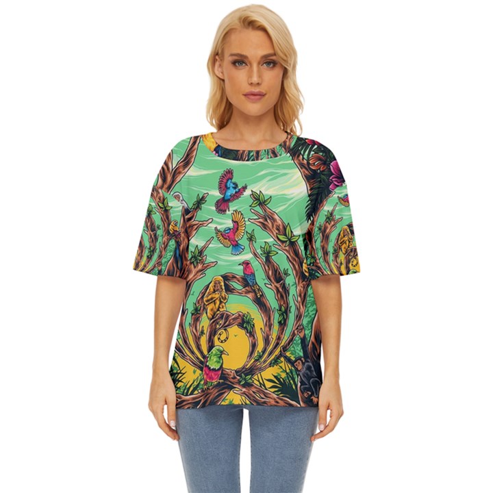 Monkey Tiger Bird Parrot Forest Jungle Style Oversized Basic Tee