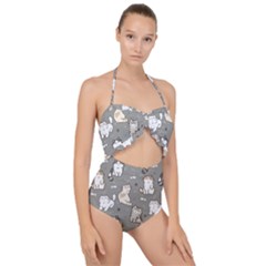 Cute Cat Pattern Cartoon Scallop Top Cut Out Swimsuit by Cowasu