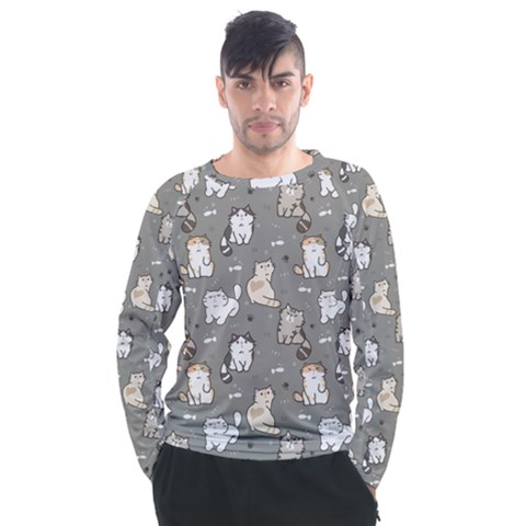 Cute Cat Pattern Cartoon Men s Long Sleeve Raglan Tee by Cowasu