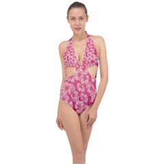 Cute Pink Sakura Flower Pattern Halter Front Plunge Swimsuit by Cowasu