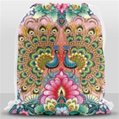 Pink Peacock Bird Pattern Texture Drawstring Bag (large) by Cowasu