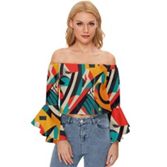 Colorful Abstract Off Shoulder Flutter Bell Sleeve Top by Jack14