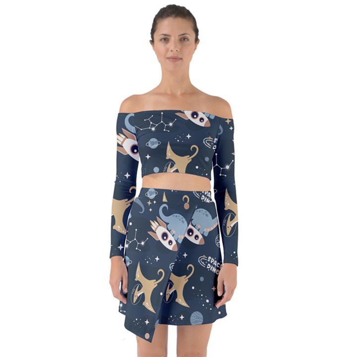 Space Theme Art Pattern Design Wallpaper Off Shoulder Top with Skirt Set