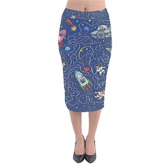 Cat Cosmos Cosmonaut Rocket Velvet Midi Pencil Skirt by Cowasu