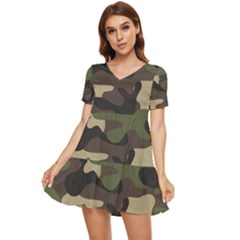 Texture Military Camouflage Repeats Seamless Army Green Hunting Tiered Short Sleeve Babydoll Dress by Cowasu