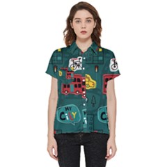 Seamless Pattern With Vehicles Building Road Short Sleeve Pocket Shirt by Cowasu