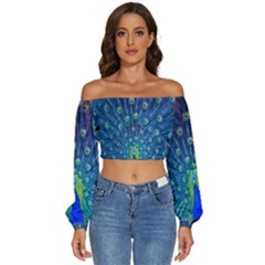 Amazing Peacock Long Sleeve Crinkled Weave Crop Top by Simbadda