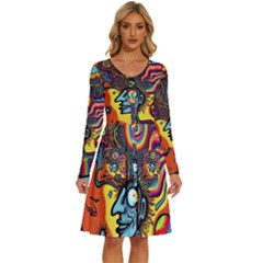 Hippie Rainbow Psychedelic Colorful Long Sleeve Dress With Pocket by uniart180623