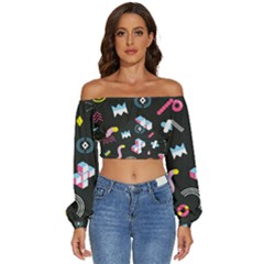 Memphis Design Seamless Pattern Long Sleeve Crinkled Weave Crop Top by uniart180623