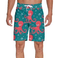 Cute-smiling-red-octopus-swimming-underwater Men s Beach Shorts by uniart180623