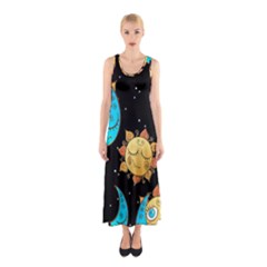 Seamless-pattern-with-sun-moon-children Sleeveless Maxi Dress by uniart180623