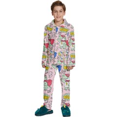 Seamless-pattern-with-many-funny-cute-superhero-dinosaurs-t-rex-mask-cloak-with-comics-style-inscrip Kids  Long Sleeve Velvet Pajamas Set by uniart180623