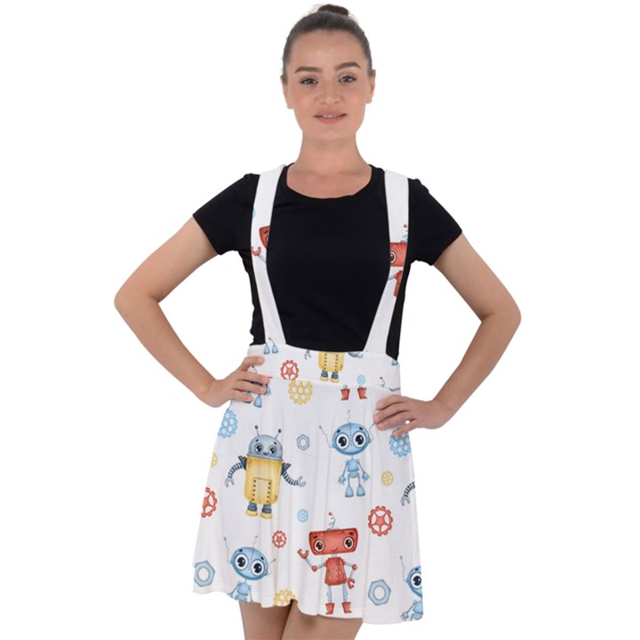 Cute-cartoon-robots-seamless-pattern Velvet Suspender Skater Skirt