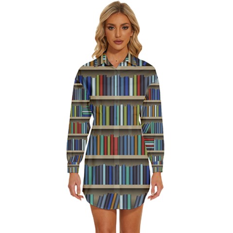 Bookshelf Womens Long Sleeve Shirt Dress by uniart180623