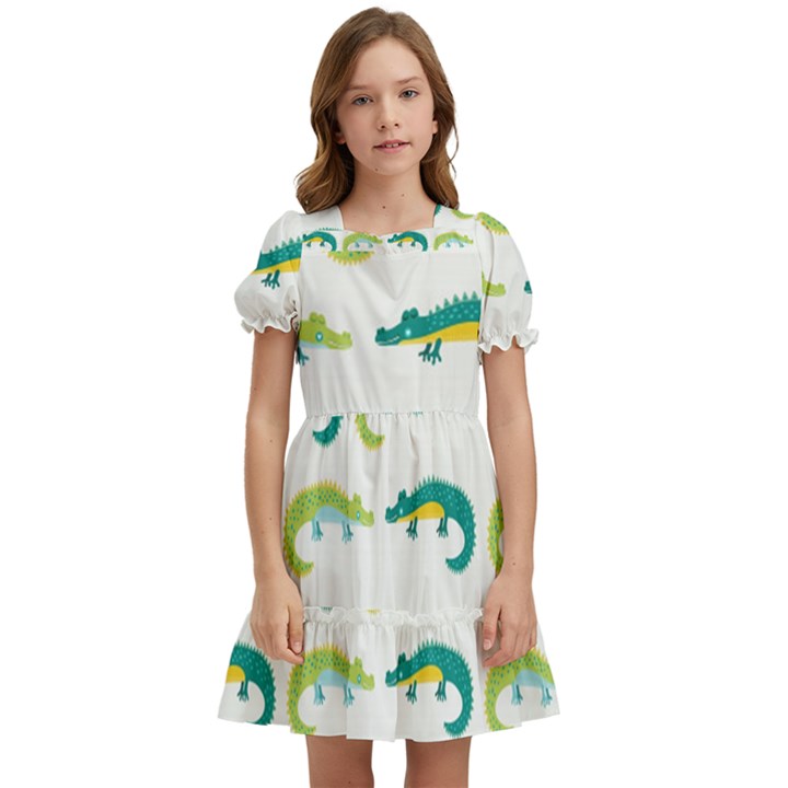 Cute-cartoon-alligator-kids-seamless-pattern-with-green-nahd-drawn-crocodiles Kids  Puff Sleeved Dress