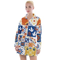 Mexican-talavera-pattern-ceramic-tiles-with-flower-leaves-bird-ornaments-traditional-majolica-style- Women s Long Sleeve Casual Dress by uniart180623