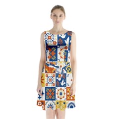 Mexican-talavera-pattern-ceramic-tiles-with-flower-leaves-bird-ornaments-traditional-majolica-style- Sleeveless Waist Tie Chiffon Dress by uniart180623