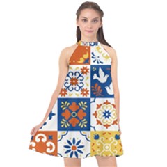 Mexican-talavera-pattern-ceramic-tiles-with-flower-leaves-bird-ornaments-traditional-majolica-style- Halter Neckline Chiffon Dress  by uniart180623