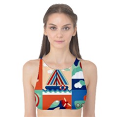 Toy-transport-cartoon-seamless-pattern-with-airplane-aerostat-sail-yacht-vector-illustration Tank Bikini Top by uniart180623