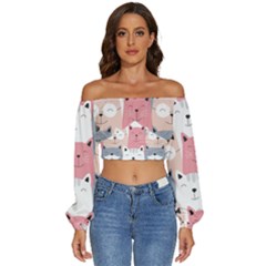 Cute Seamless Pattern With Cats Long Sleeve Crinkled Weave Crop Top by uniart180623