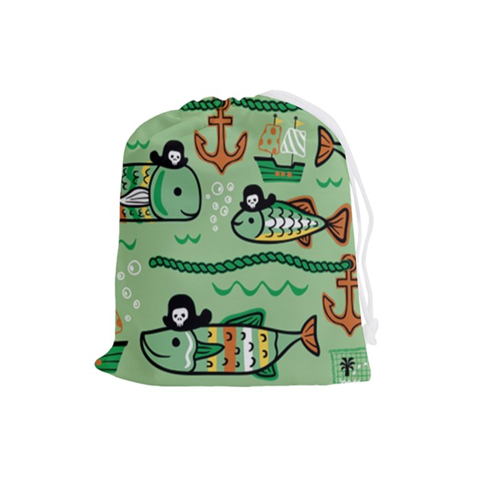 Seamless Pattern Fishes Pirates Cartoon Drawstring Pouch (Large)