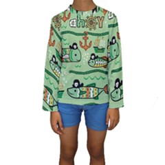 Seamless Pattern Fishes Pirates Cartoon Kids  Long Sleeve Swimwear by uniart180623