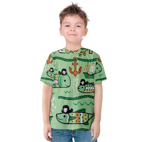 Seamless Pattern Fishes Pirates Cartoon Kids  Cotton Tee by uniart180623