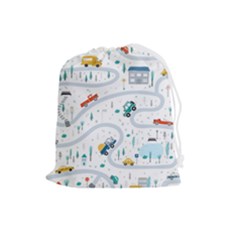 Cute-children-s-seamless-pattern-with-cars-road-park-houses-white-background-illustration-town Drawstring Pouch (large) by uniart180623