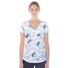 Cute-children-s-seamless-pattern-with-cars-road-park-houses-white-background-illustration-town Short Sleeve Front Detail Top by uniart180623