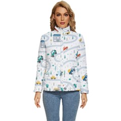 Cute-children-s-seamless-pattern-with-cars-road-park-houses-white-background-illustration-town Women s Puffer Bubble Jacket Coat by uniart180623