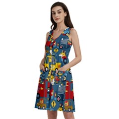 Seamless-pattern-vehicles-cartoon-with-funny-drivers Sleeveless Dress With Pocket by uniart180623