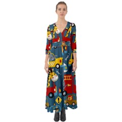 Seamless-pattern-vehicles-cartoon-with-funny-drivers Button Up Boho Maxi Dress by uniart180623