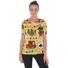 Seamless-pattern-funny-ranger-cartoon Shoulder Cut Out Short Sleeve Top by uniart180623