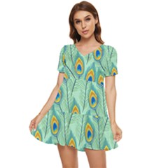 Lovely-peacock-feather-pattern-with-flat-design Tiered Short Sleeve Babydoll Dress by uniart180623