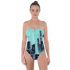 Buildings City Urban Destruction Background Tie Back One Piece Swimsuit by uniart180623