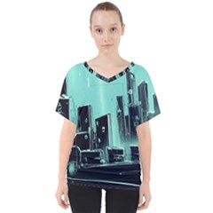 Buildings City Urban Destruction Background V-neck Dolman Drape Top by uniart180623