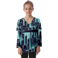 Buildings City Urban Destruction Background Kids  V Neck Casual Top by uniart180623