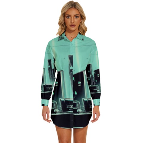 Buildings City Urban Destruction Background Womens Long Sleeve Shirt Dress by uniart180623