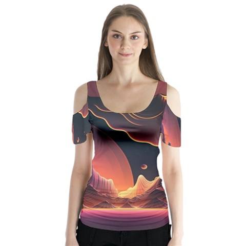 Fire Flame Burn Hot Heat Light Burning Orange Butterfly Sleeve Cutout Tee  by uniart180623