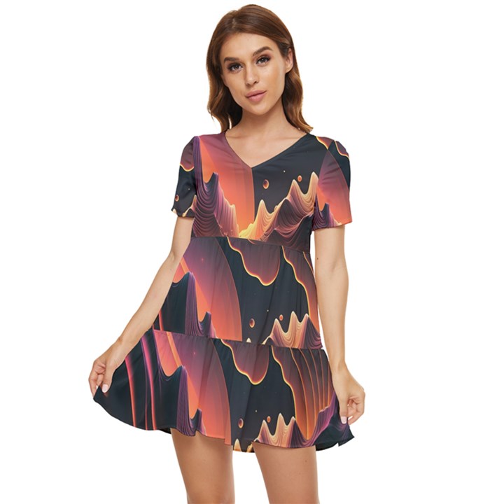 Fire Flame Burn Hot Heat Light Burning Orange Tiered Short Sleeve Babydoll Dress