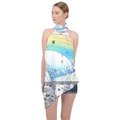 Rainbow Fun Cute Minimal Doodle Drawing Arts Halter Asymmetric Satin Top by uniart180623