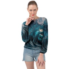 Tsunami Waves Ocean Sea Water Rough Seas Banded Bottom Chiffon Top by uniart180623